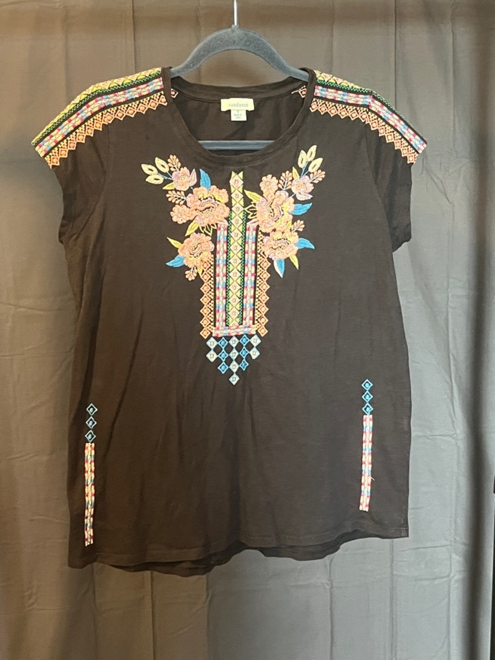 Sundance Black Floral Embroidered Boho Tunic Top, Size S